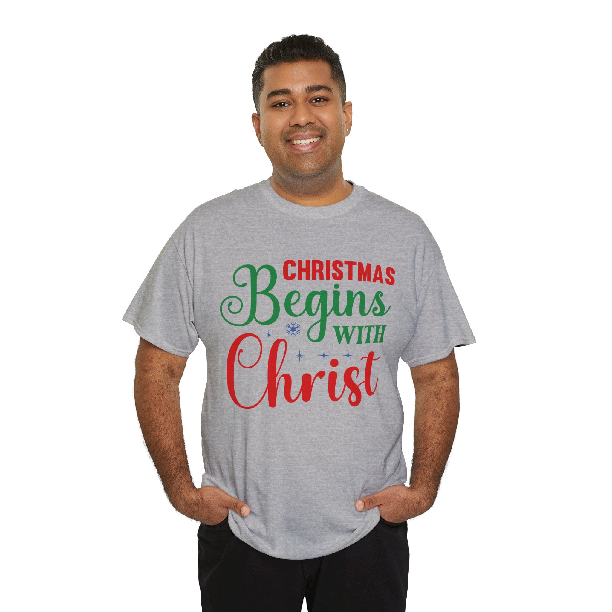 Christmas Begins with Christ Tee – Red and Green Print Holiday Tee