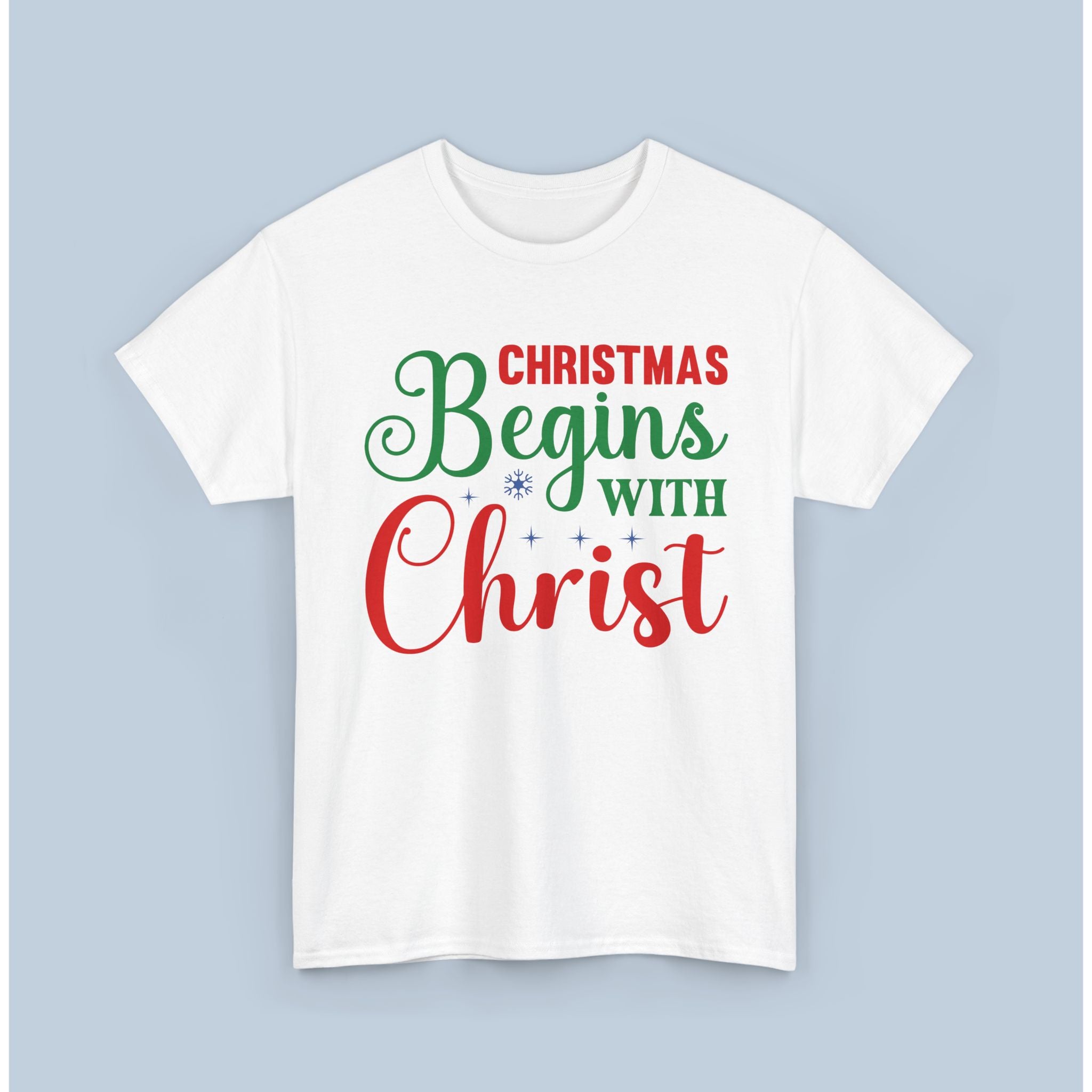 Christmas Begins with Christ Tee – Red and Green Print Holiday Tee