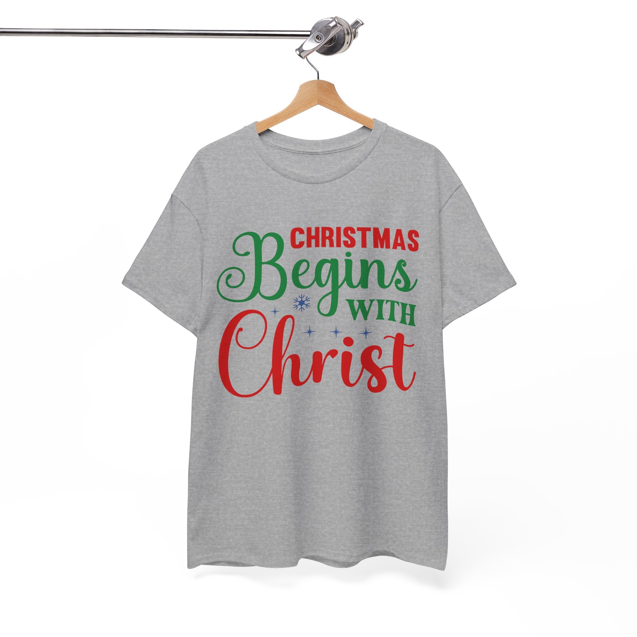 Christmas Begins with Christ Tee – Red and Green Print Holiday Tee