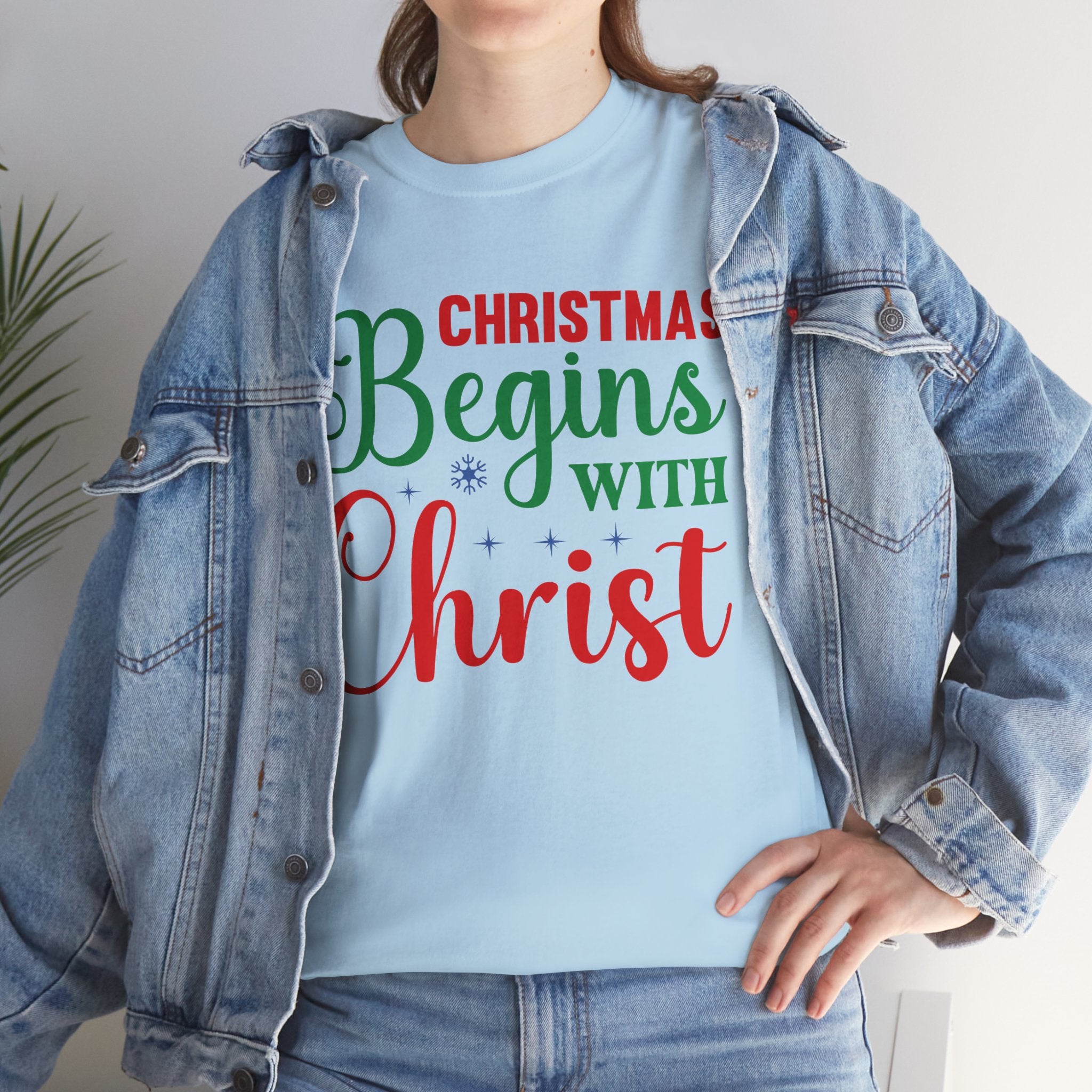 Christmas Begins with Christ Tee – Red and Green Print Holiday Tee