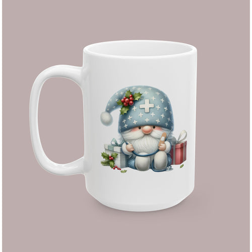 "Gnomebody Cares Like You Do" Christmas Gnome Ceramic Healthcare Worker Mug – Holiday Coffee Cup (11oz & 15oz)