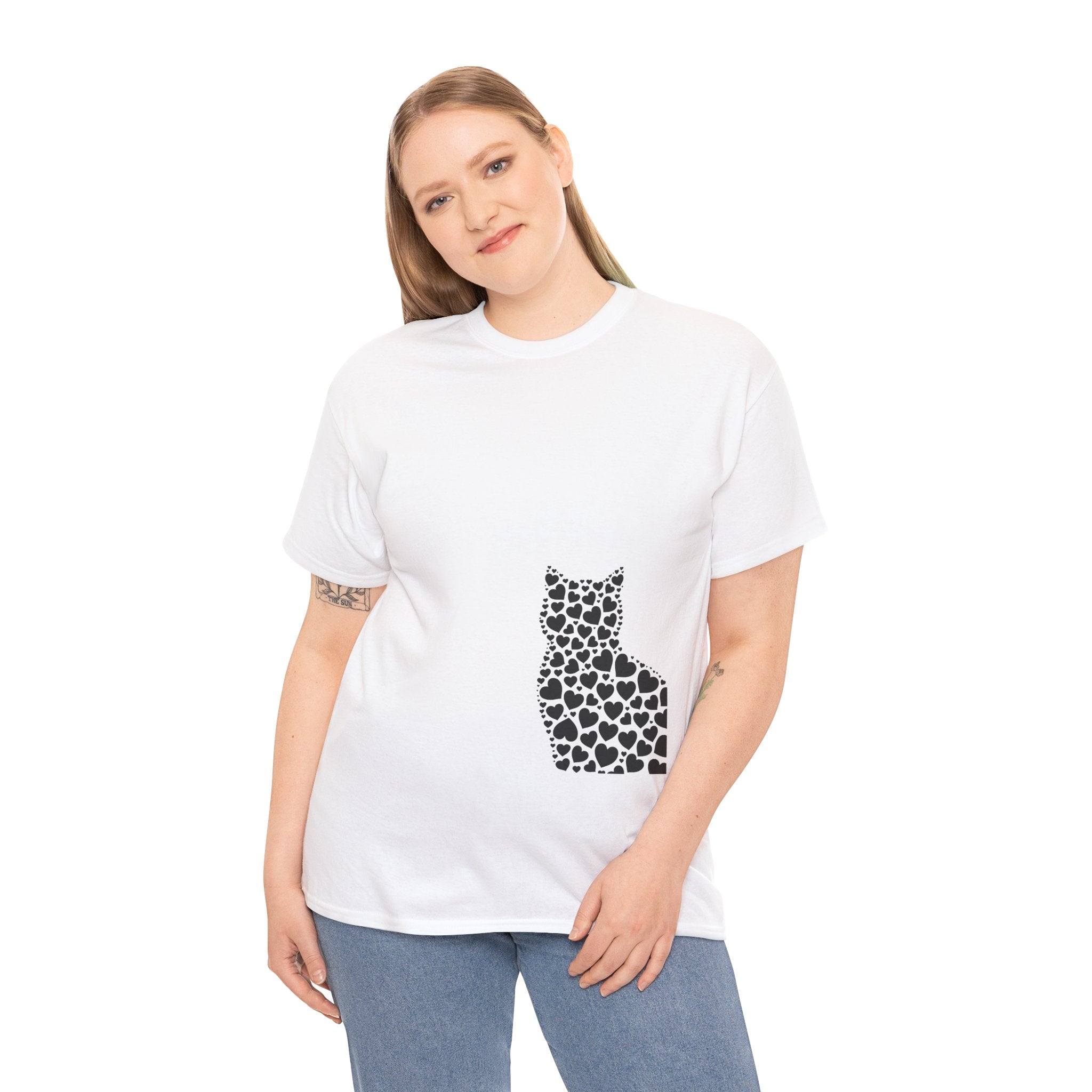 Corner Cat Heart Silhouette Tee — Minimalist Cat Lover Valentine T-Shirt