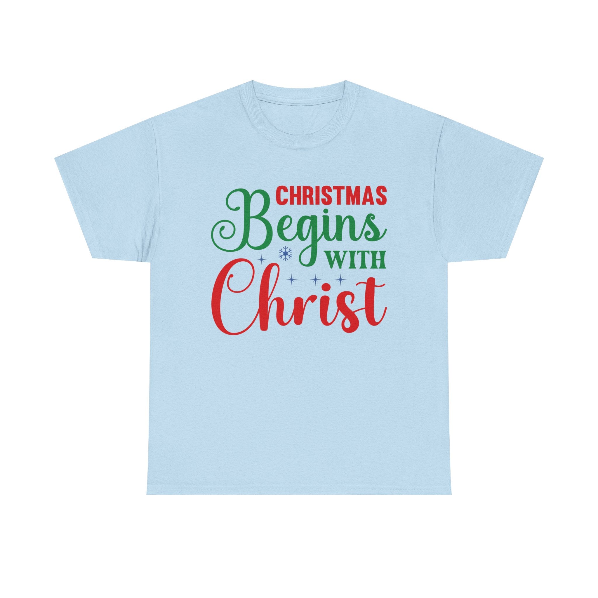 Christmas Begins with Christ Tee – Red and Green Print Holiday Tee
