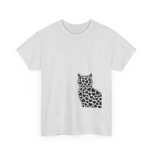 Corner Cat Heart Silhouette Tee — Minimalist Cat Lover Valentine T-Shirt